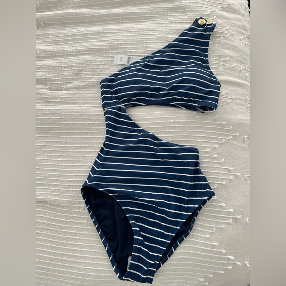 NWT J. Crew Cutout one-piece full-coverage swimsuit in navy stripe, size 4 - Picture 3 of 6